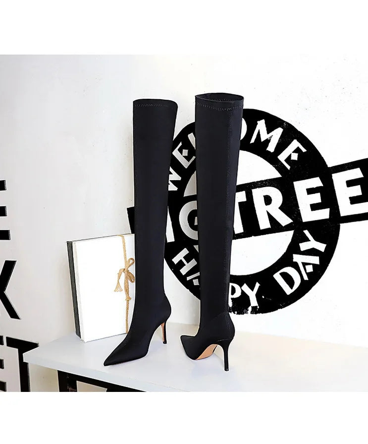 Satin Over-the-Knee Boots - Pointed Toe High Heel Elastic Autumn Winter Boots