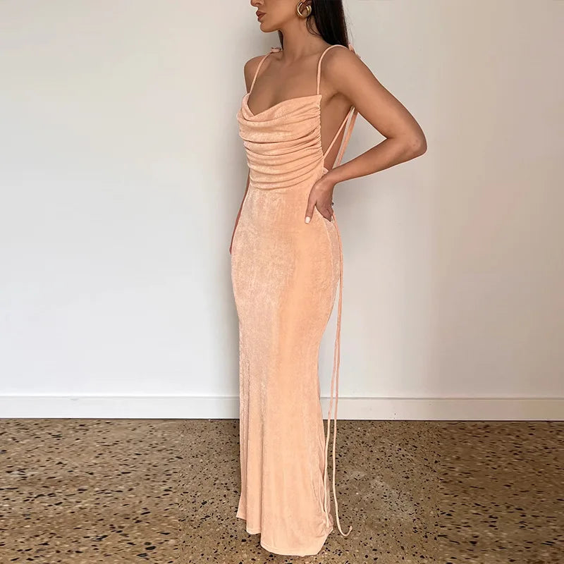Women's Backless Draped Maxi  Party Sleeveless Knit Ruched Long Dress