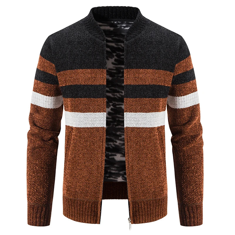 Men's Slim Fit Striped Cardigan - Stand Collar Knitted Sweater Coat