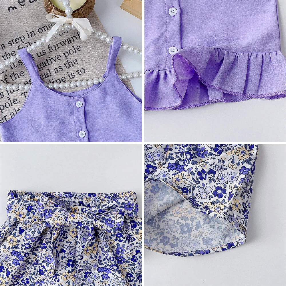Girls' Summer Outfit Set - Solid Suspender Top with Floral Shorts 2-Piece
