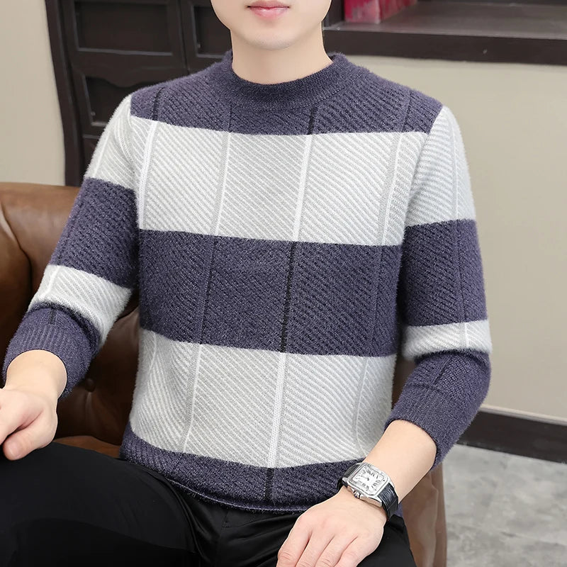 Men's Slim Fit Knitted Sweater - O-Neck Striped Pullover