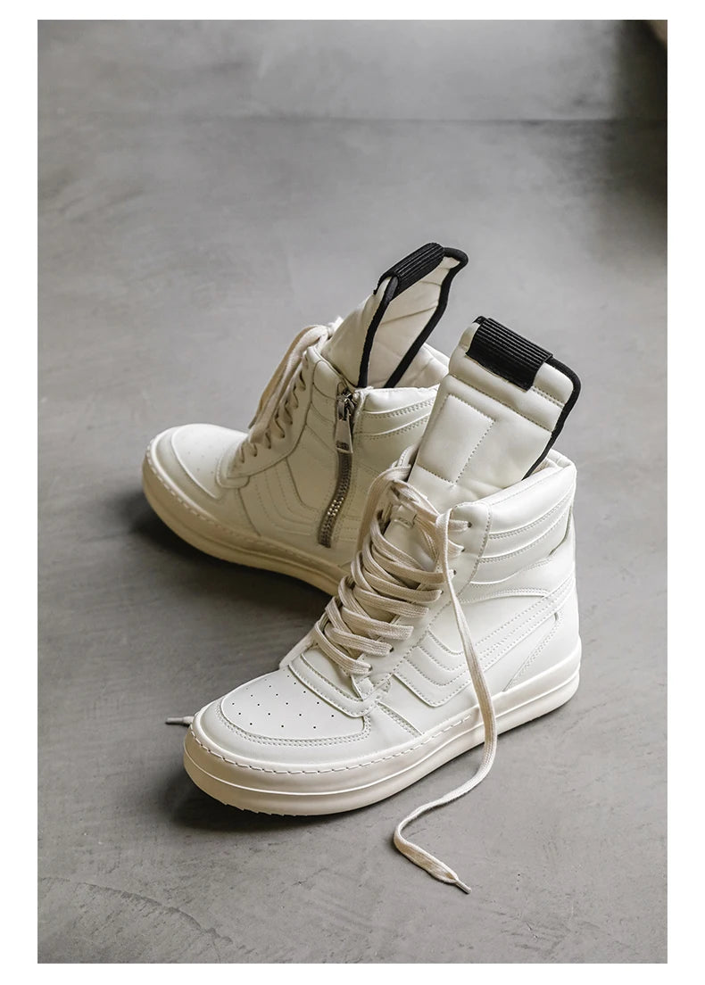 Men's High-Top Leather Sneakers - Lace-Up Ankle Boots