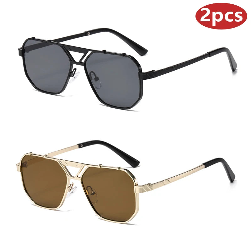 Unisex 1/2pcs Vintage Metal Double Bridges Square Sunglasses UV400