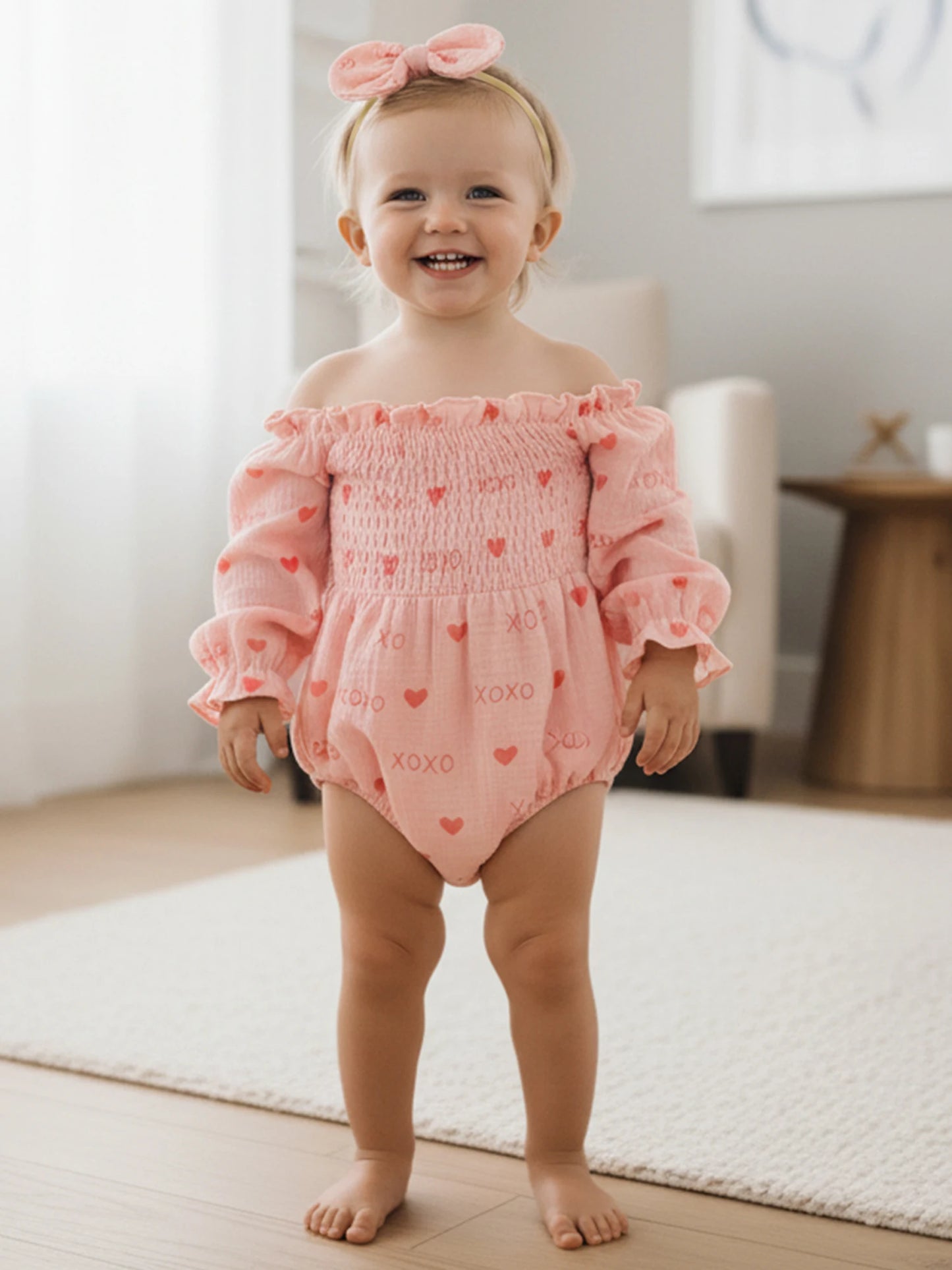Baby Girls Valentine's Day Romper - Heart Print Smocked Jumpsuit with Headband 0-18M
