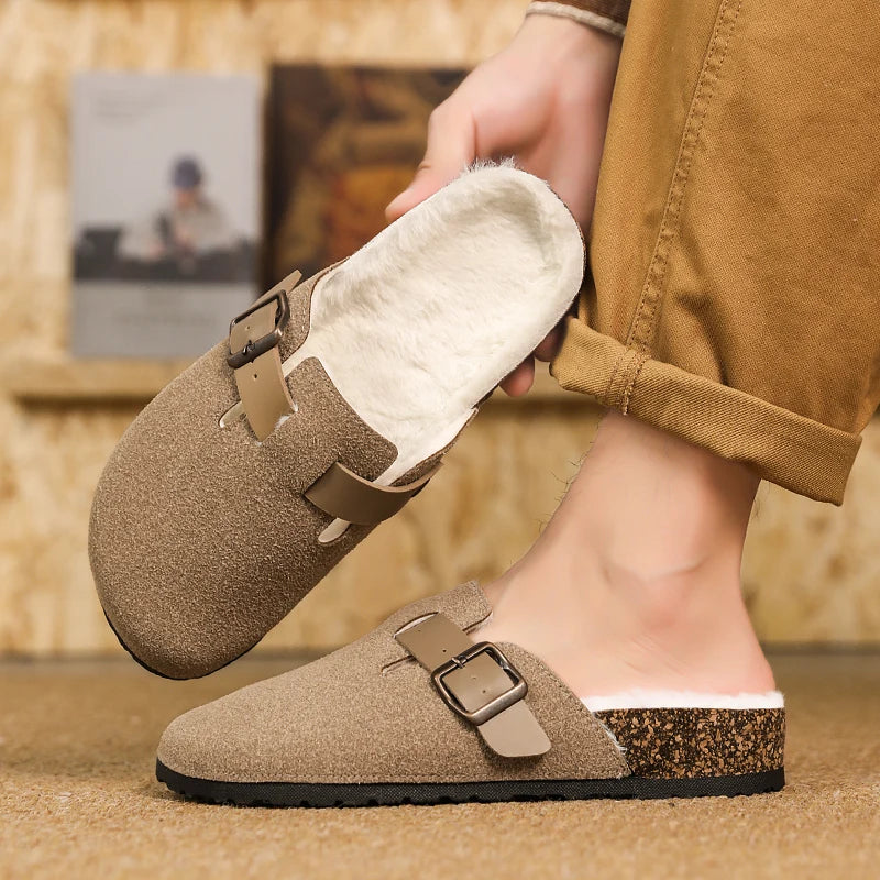 Winter Plush Slippers - Men's Warm Closed Toe Buckle Design Clogs