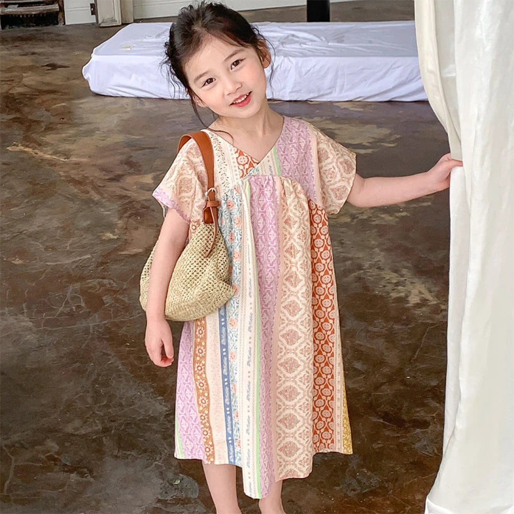 Girl's Summer V-neck Geometric Pattern Printed  Beach Casual Dress