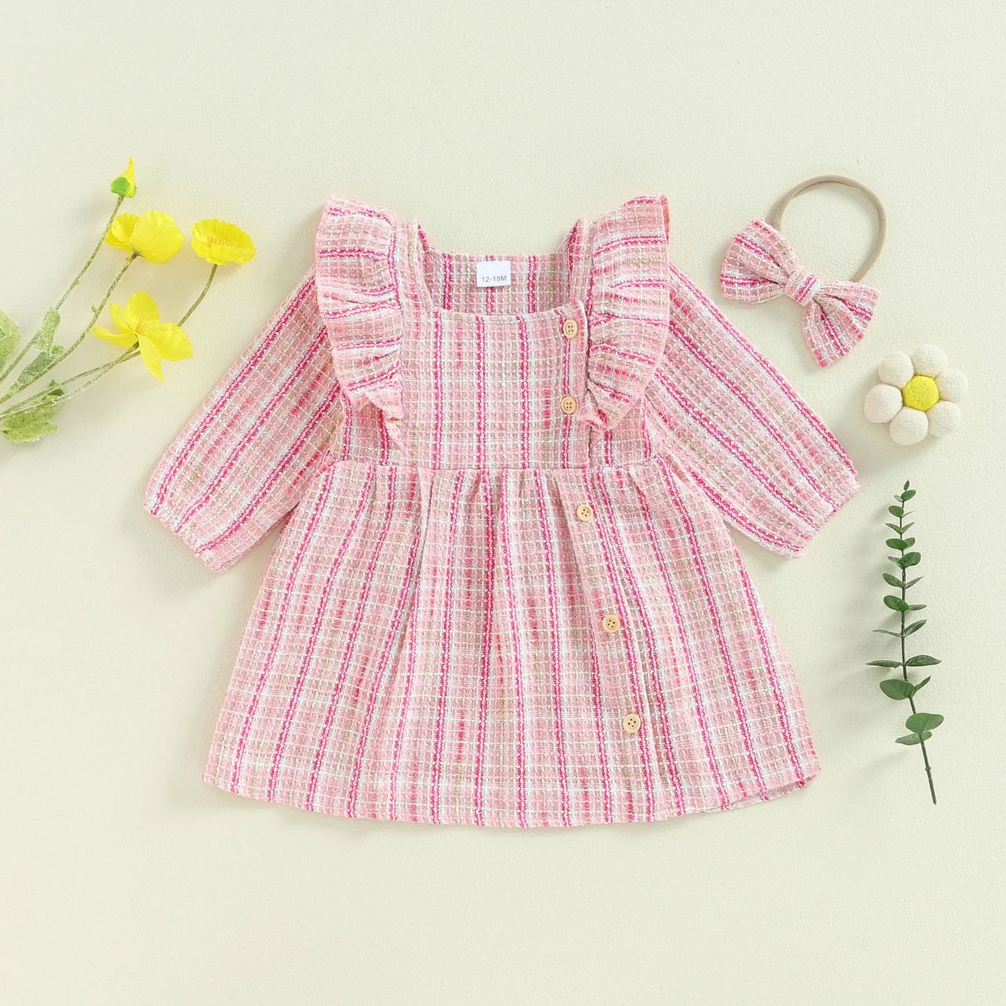 1-5Y Girls Plaid Princess Long Sleeve Square Neck Ruffles Buttons Casual Fall Dress with Headband