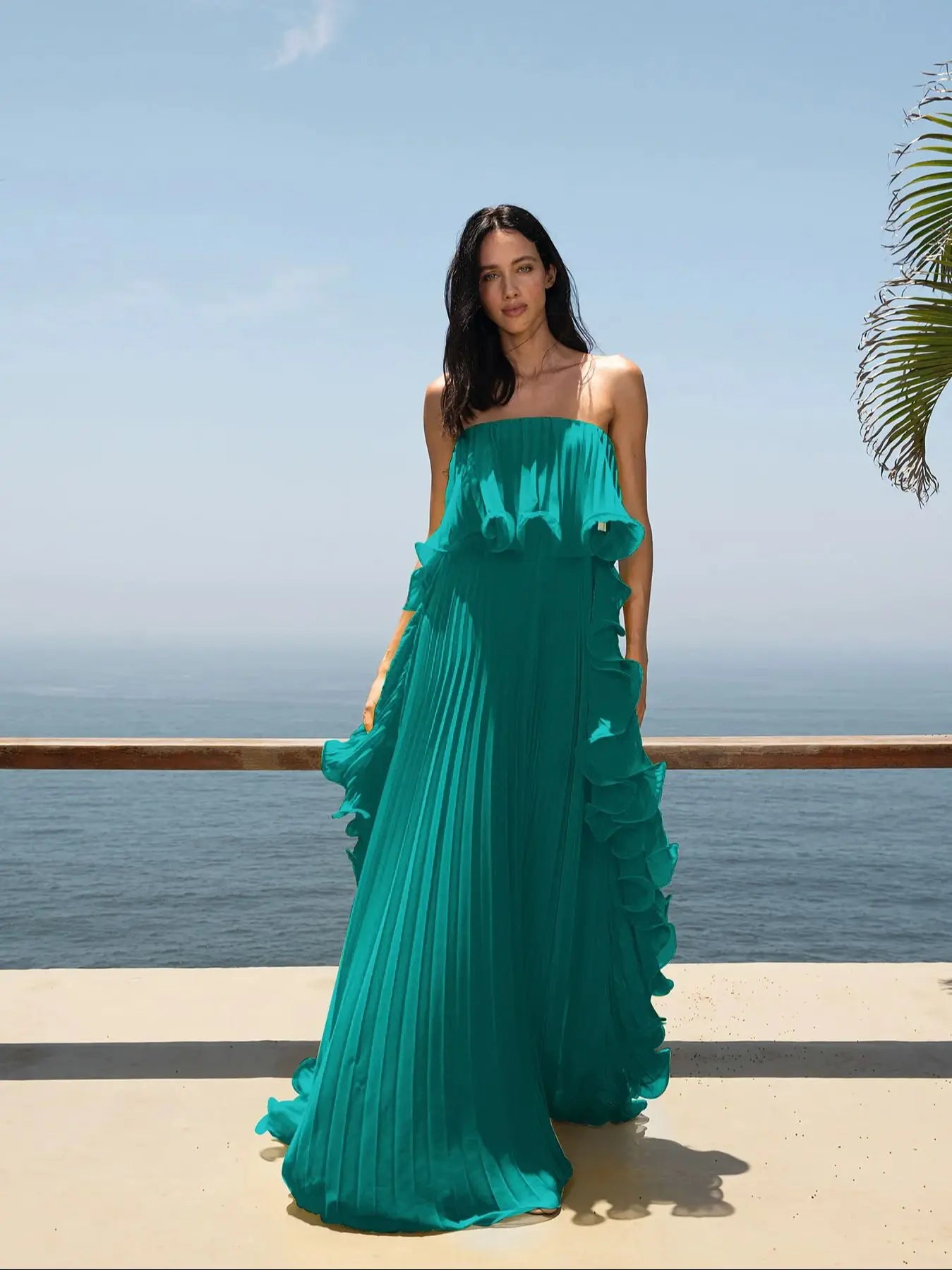Pleated Wrap Maxi Dress - Off-Shoulder Cape Gown