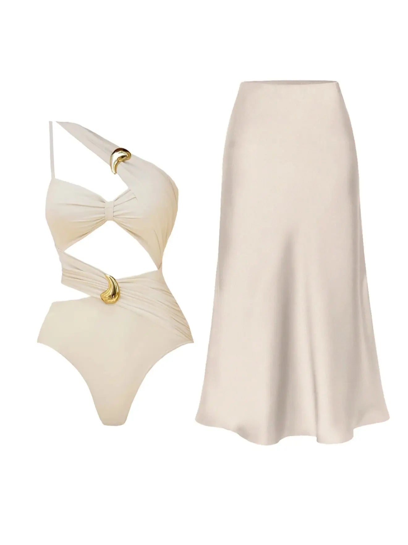 Women's Cut-Out V-Neck Two Piece Swimwear Set with Skirt - Versatile Beach Wear