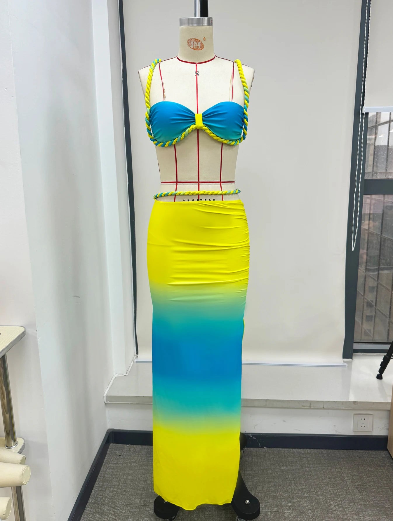 3-Piece Gradient Halter Bikini Set with Braid Skirt Cover-Up