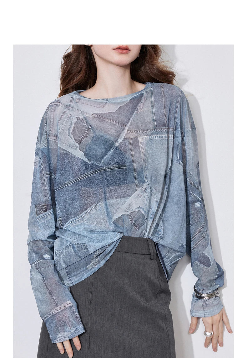 Women's Long Sleeve Denim Printed Round Neck See-through Undercover Skin T Shirt