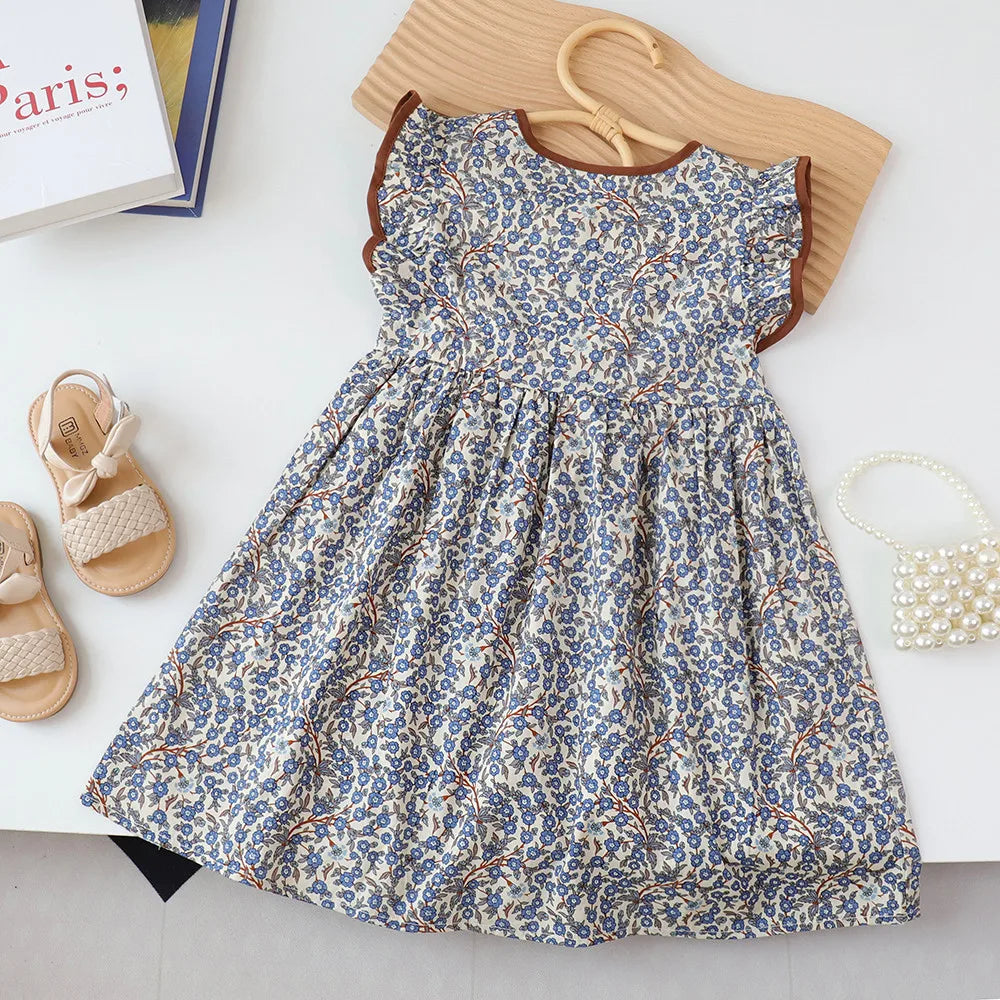Girls Floral Princess Dress – Summer Sleeveless A-Line with Button Detail