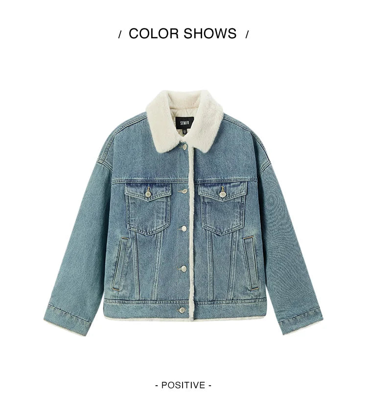 Denim Jacket Women Patchwork Imitation Rabbit Fur Lapel Loose Winter Quilted Jacket