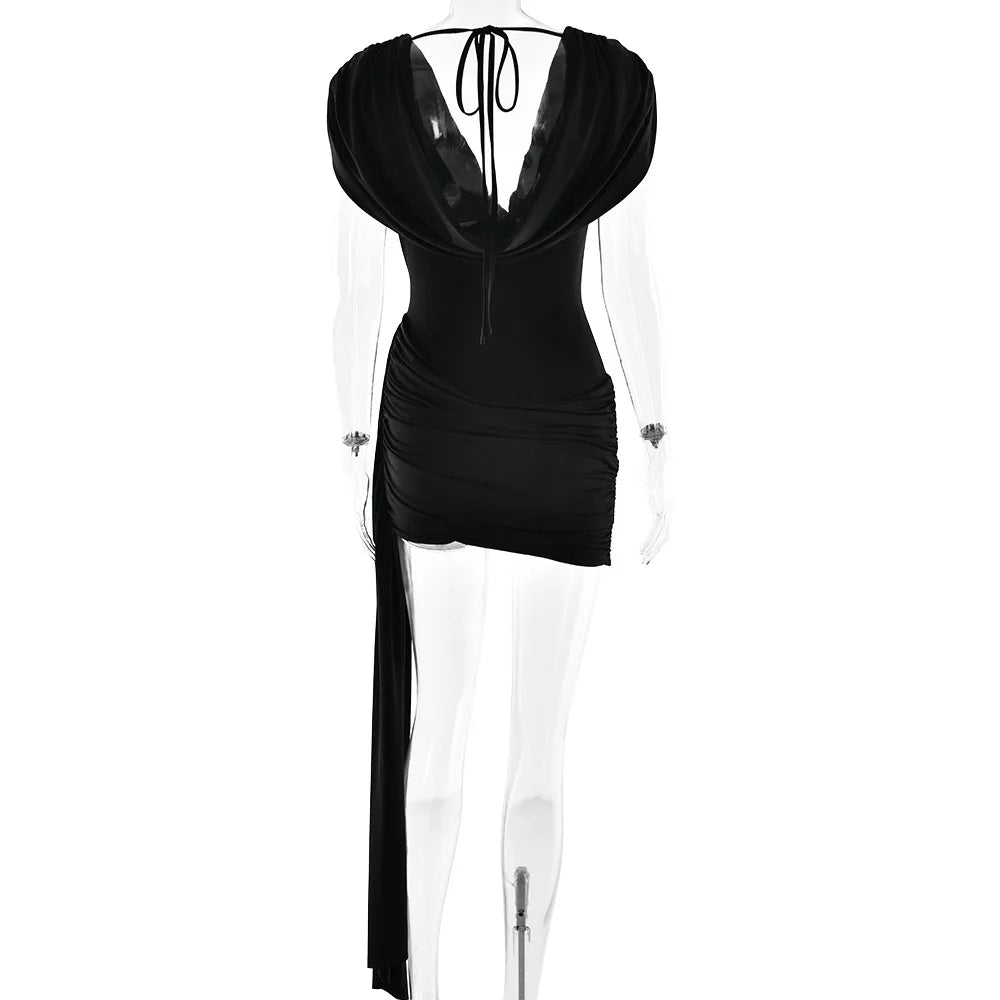 Women's Elegant Ruched Draped V Neck Mini Dress - Sleeveless Bodycon