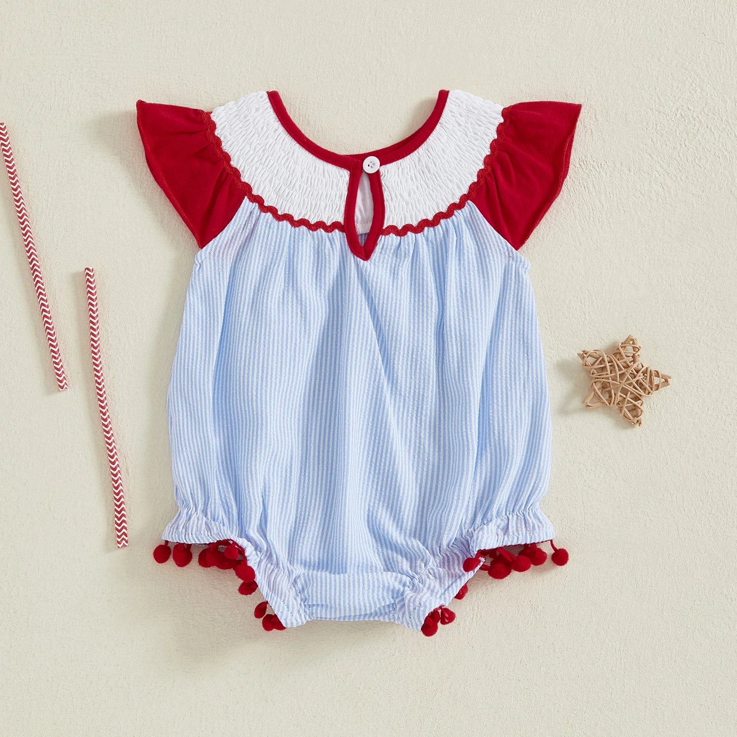 Baby Girls Summer Romper - Ruffles Tassel Flutter Sleeve Striped Flag Embroidery (0-18M)