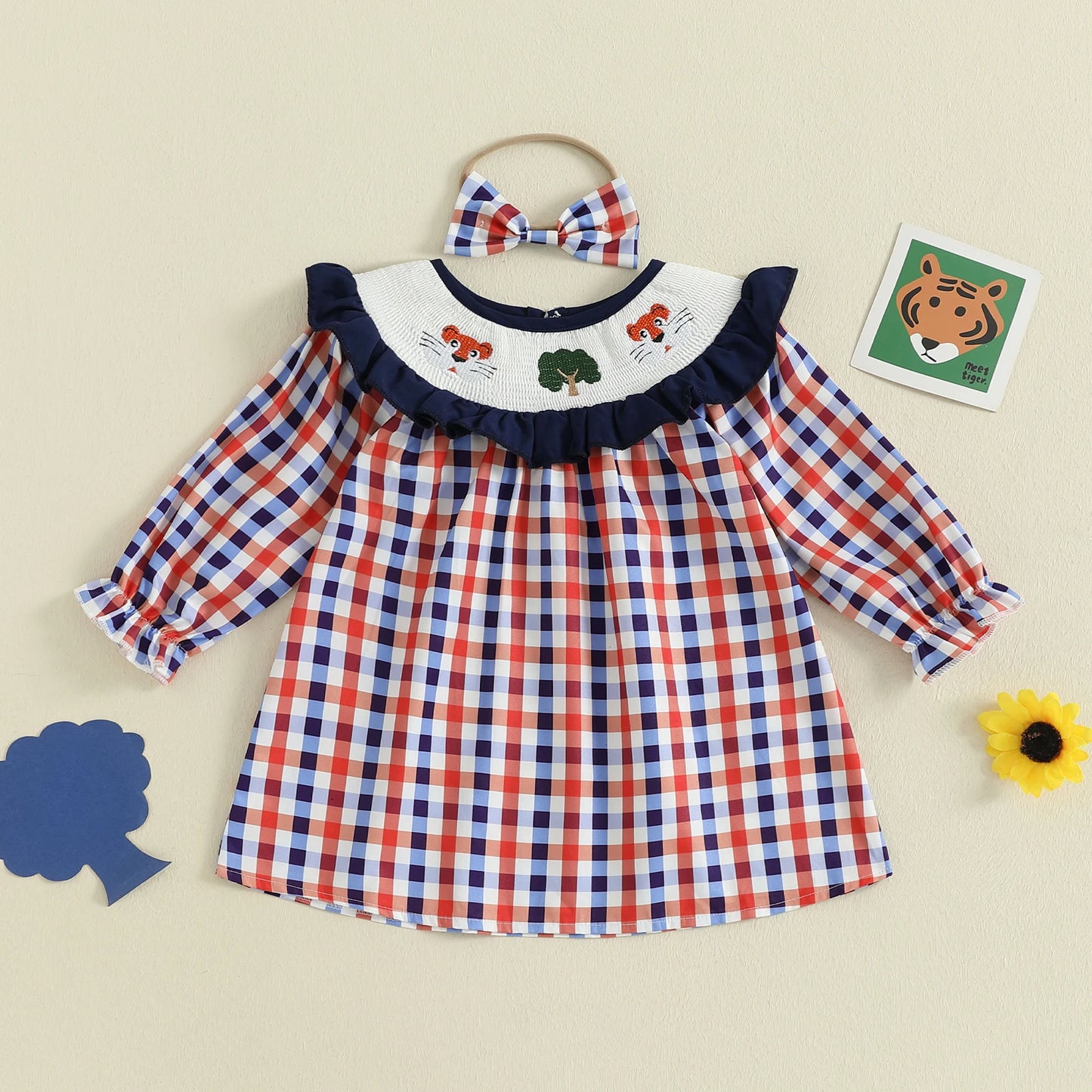 Toddler Baby Girls' Plaid Romper Dress - Animal Embroidery Smocked Jumpsuit with Headband