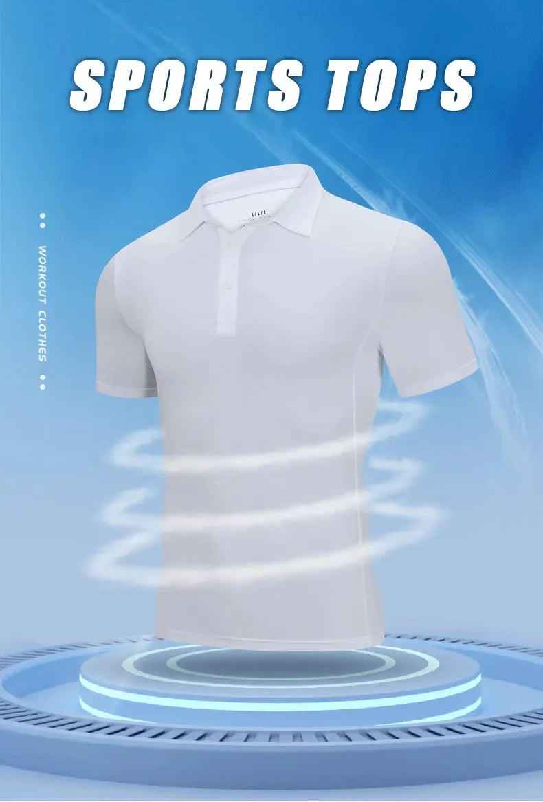 Men's Summer Casual Stretch Gym Muscle Fit Shirt Sports  Quick Dry Ice Silk Short Sleeve Golf Polo Lapel T-Shirt