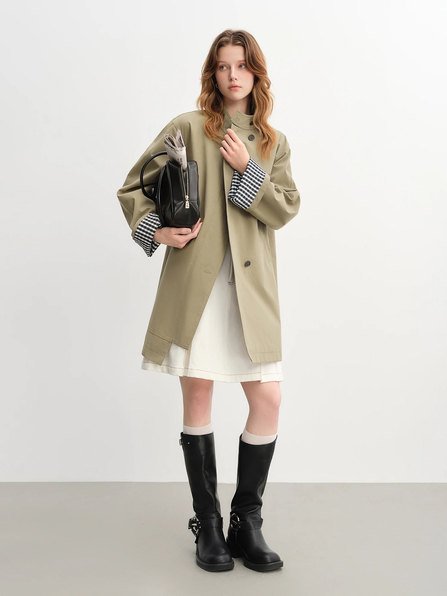 Stand Collar Trench Coat - Plaid Patchwork Relaxed Fit Windbreaker