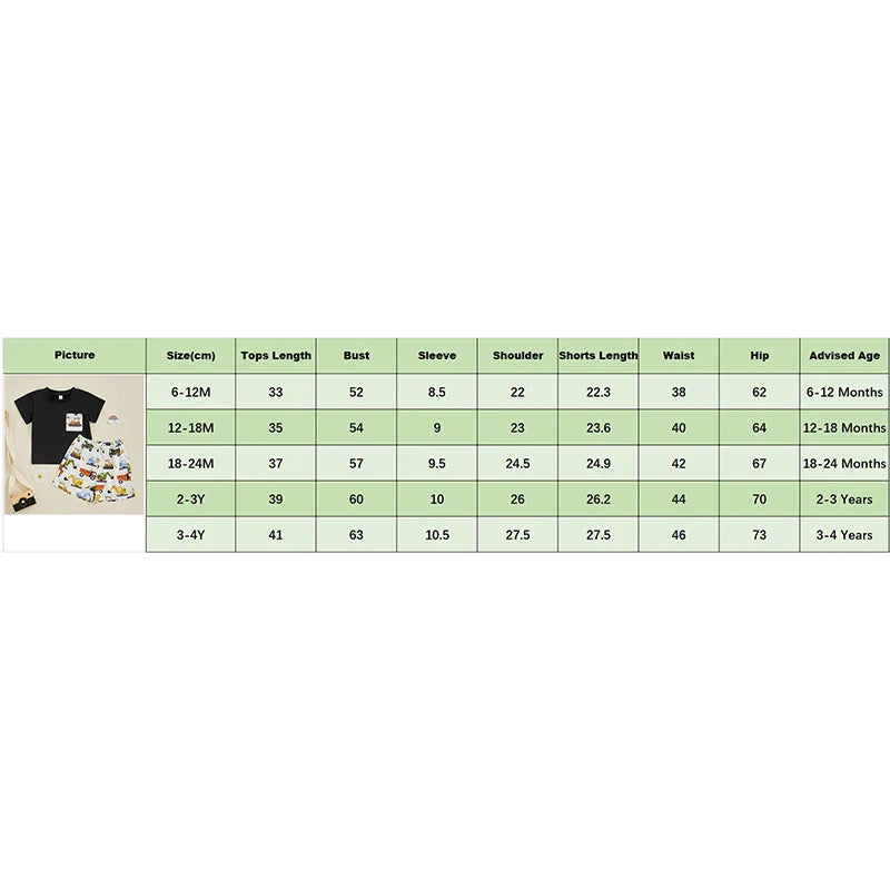 0-4Y Kids Boys Clothes Set Short Sleeve Excavators Print Pocket T Shirts Tops and Shorts Set