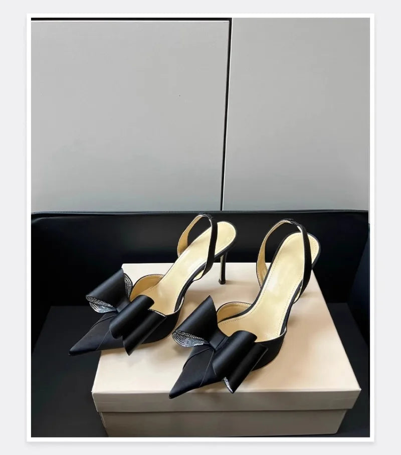 Women's Rhinestone Bowknot Satin Pointed Heel Sandals - Bridesmaid Party Shoes