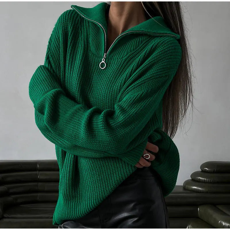 Women's Knitted Loose Zipper Lapel Pullovers Sweater