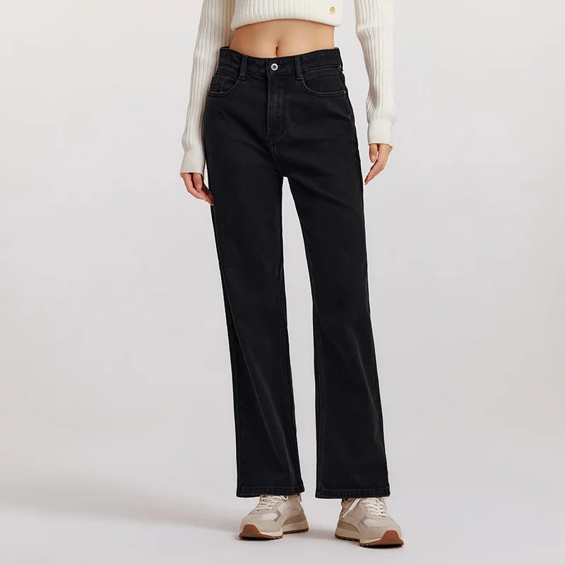 Women's Wide Leg Brushed Denim Jeans - Loose Fit Winter Warm Long Pants