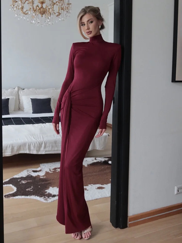 Women's Slit Long Turtleneck Bodycon Patchwork Elegant Ruched Gown Dress