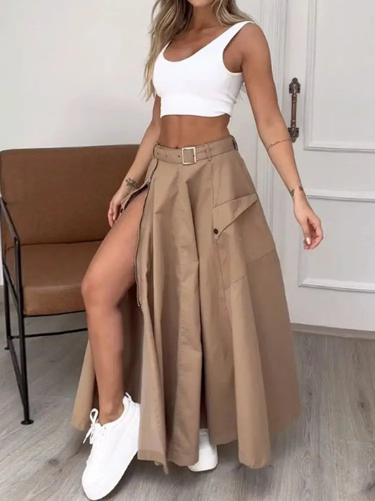 Women's Sleeveless Slit Two Piece Set - High Waist Long Skirt and Vest Bra