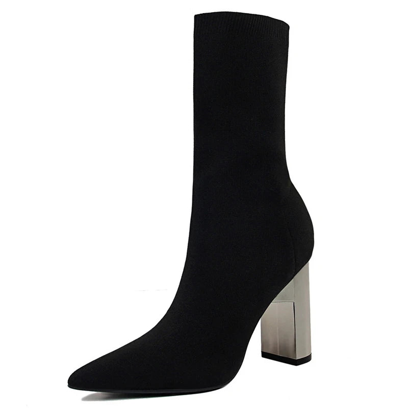 Women's Elastic Sock Boots - Metal Block Heel Ankle Boots Plus Size Available