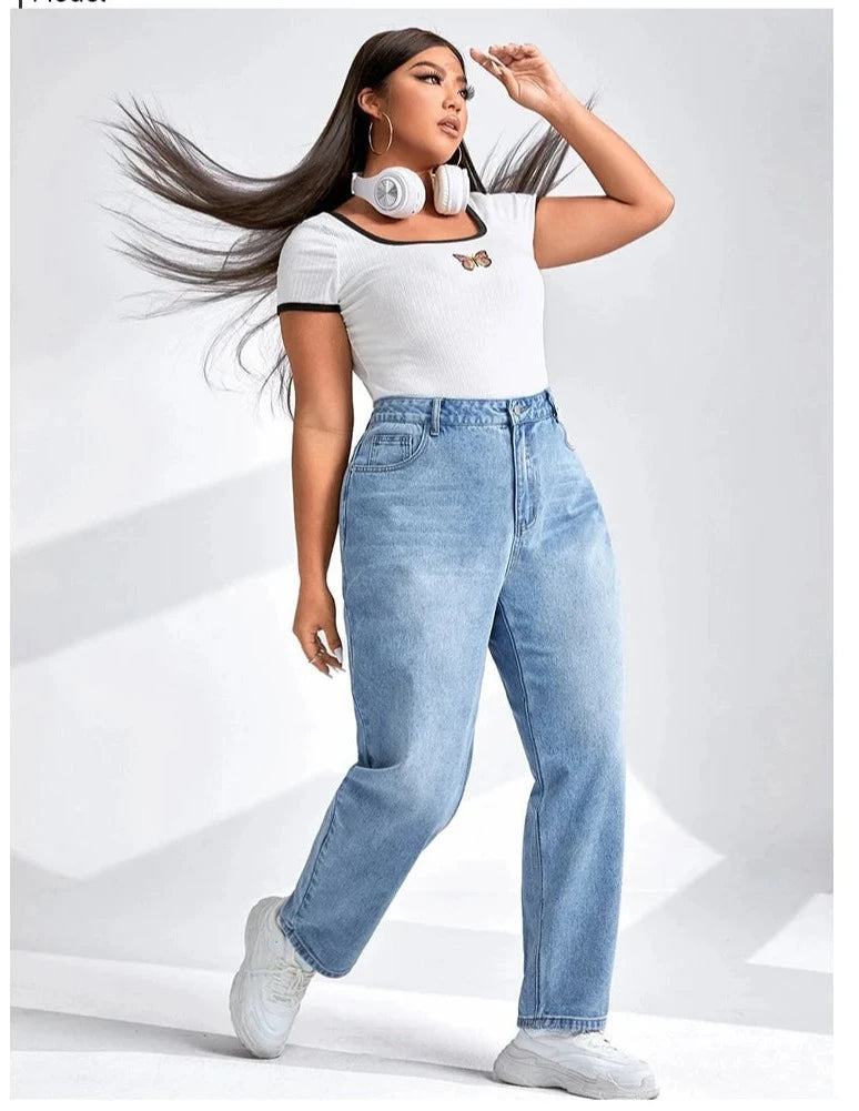 Women Plus Size Harem Light Blue High Waist Stretchy Full Length Slim Fitting Tapered Jeans