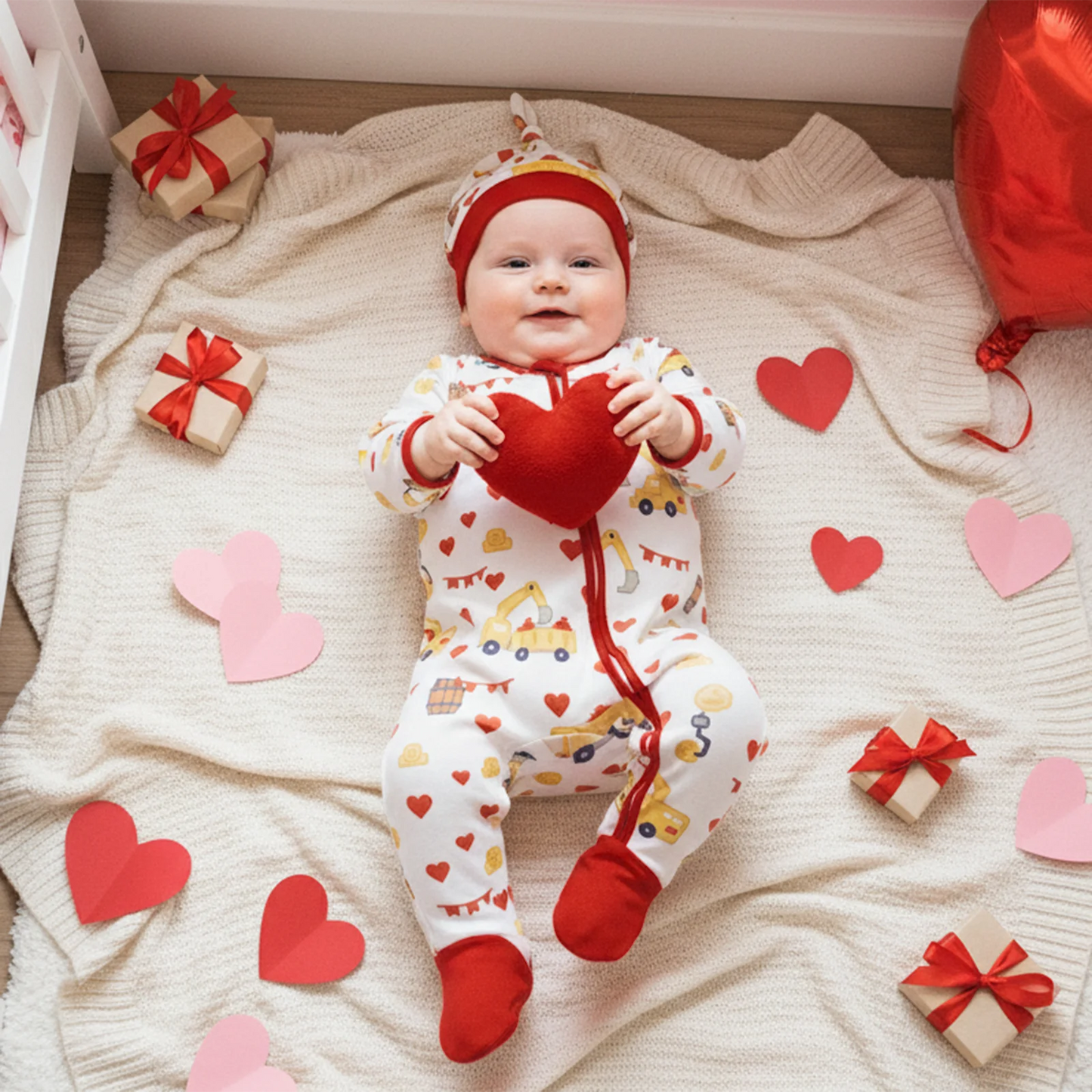 Baby Boys Girls Valentine's Day Romper Set - Excavator Heart Print Jumpsuit with Hat 0-18M