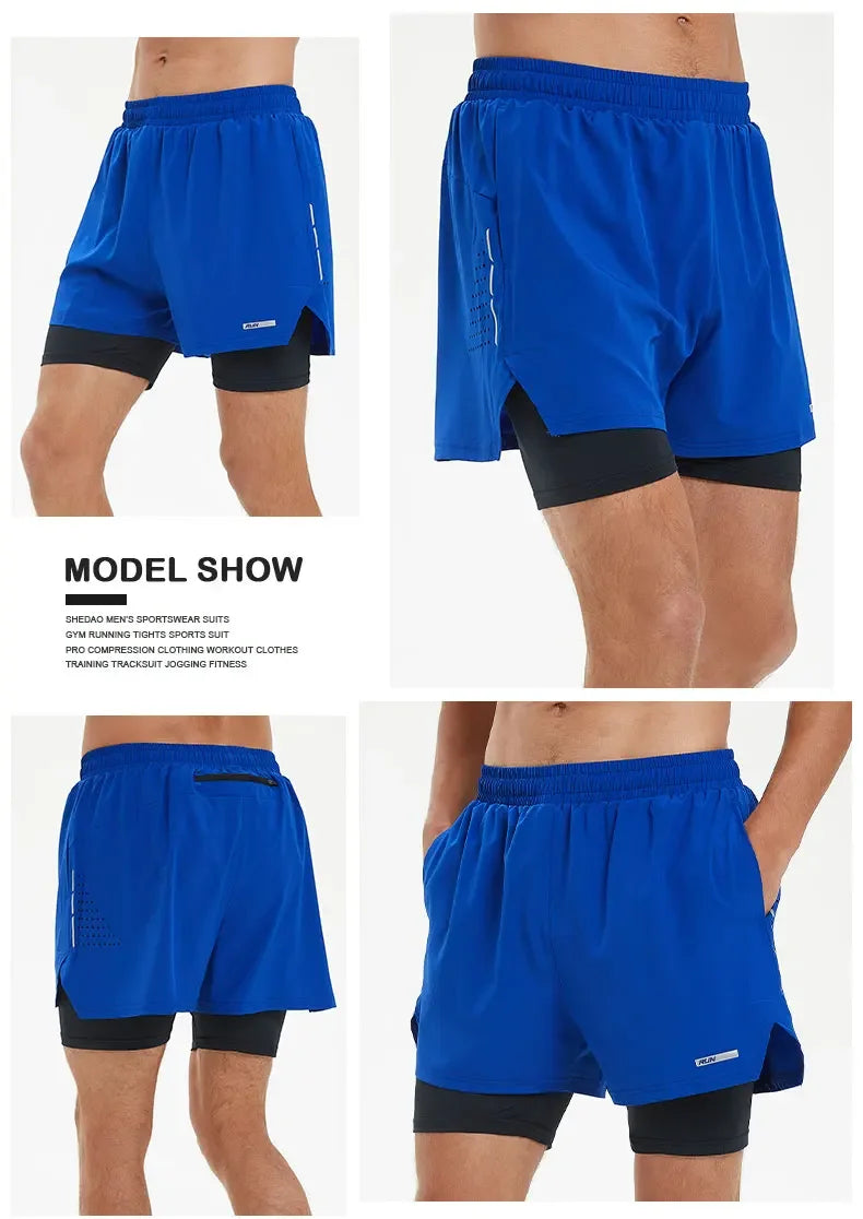 Men's Summer Swim Gym Sportswear 2 in 1 Compression Jogging Shorts Beach Casual Pants Double-deck Bottoms with Zipper Pockets