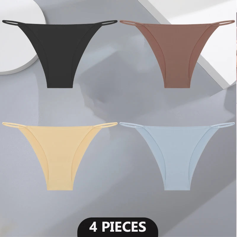 Women's 4Pcs/set Seamless Underwear Ice Silk Briefs Panties Thin Strap Lingerie