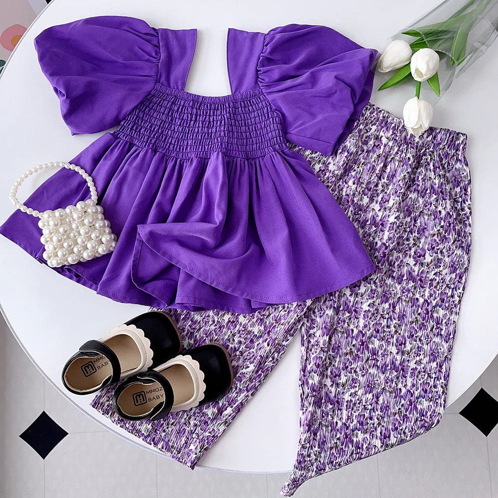 Girl's Children's Short-sleeved Top and Floral Pants Two-piece Set