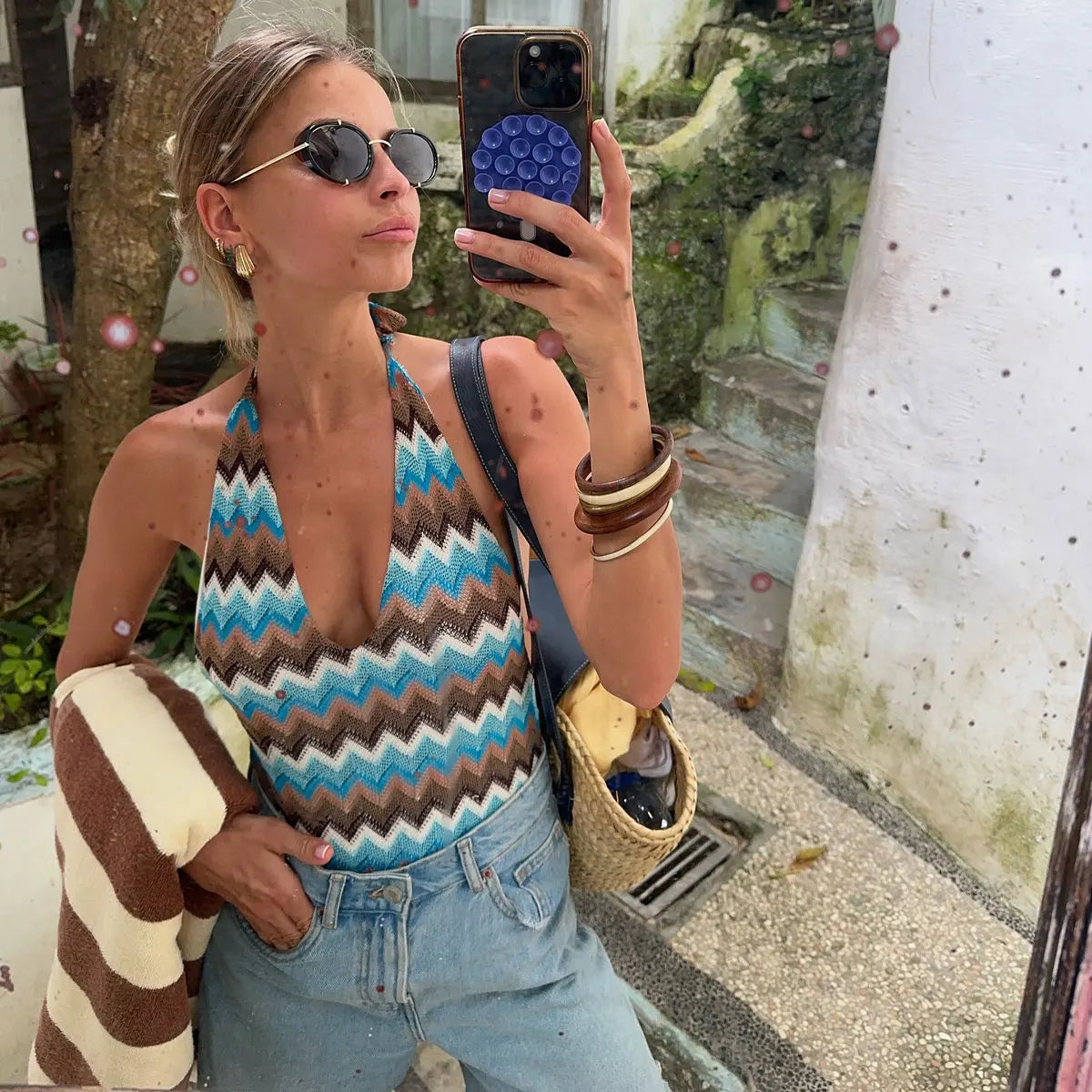 Print V-Neck Halter One-Piece Swimsuit