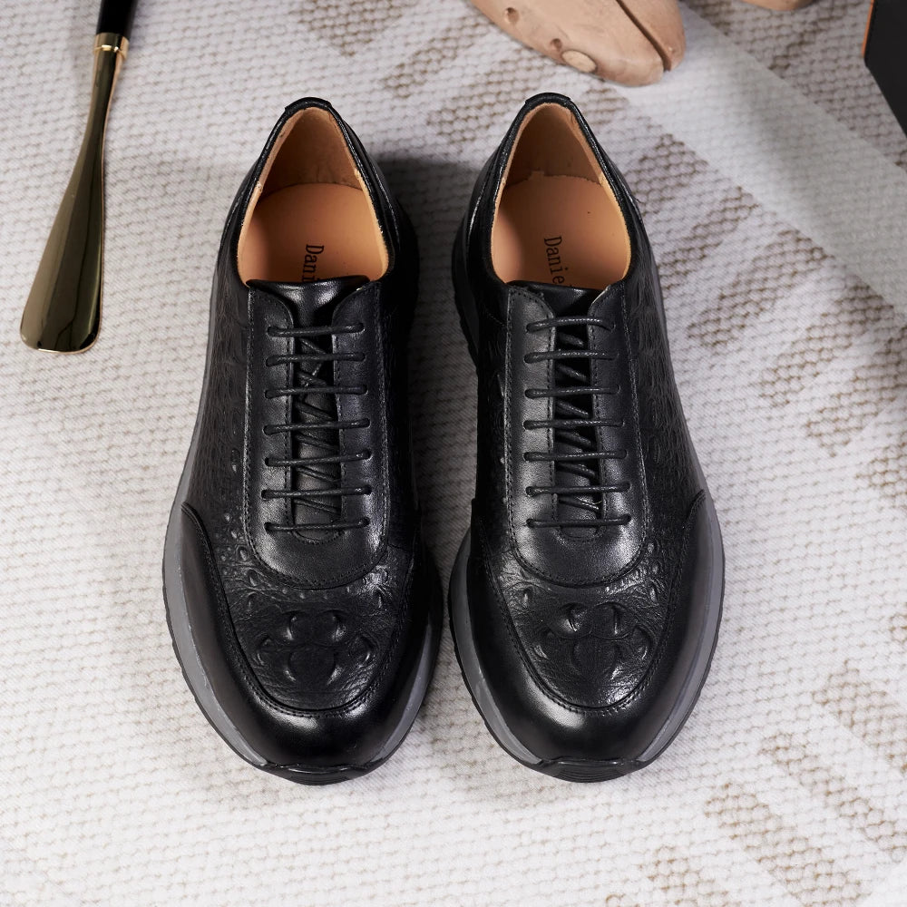 Men's Genuine Leather Crocodile Pattern Oxford Sneakers – Lace-Up Casual Flat Shoes