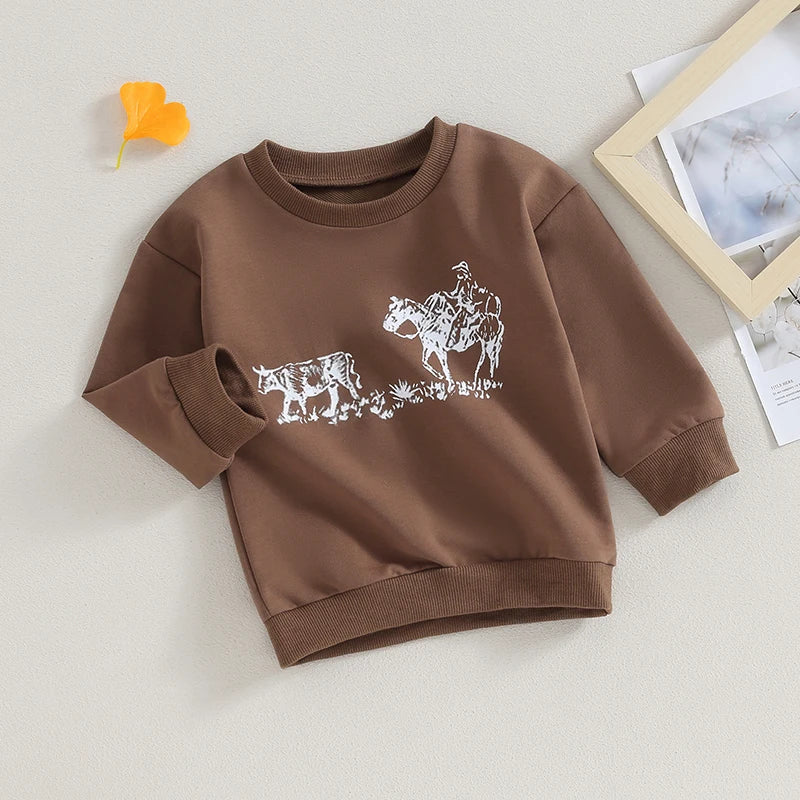 0-4Y Autumn Infant Baby Boys Girls Western T Shirts Cow Cattle Print Long Sleeve Pullover Sweatshirt Top