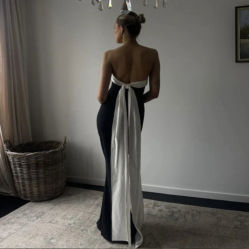 Women's Backless Bows Strapless Contrast Ribbon Long Dress Elegant Female Bodycon Gown Clothes