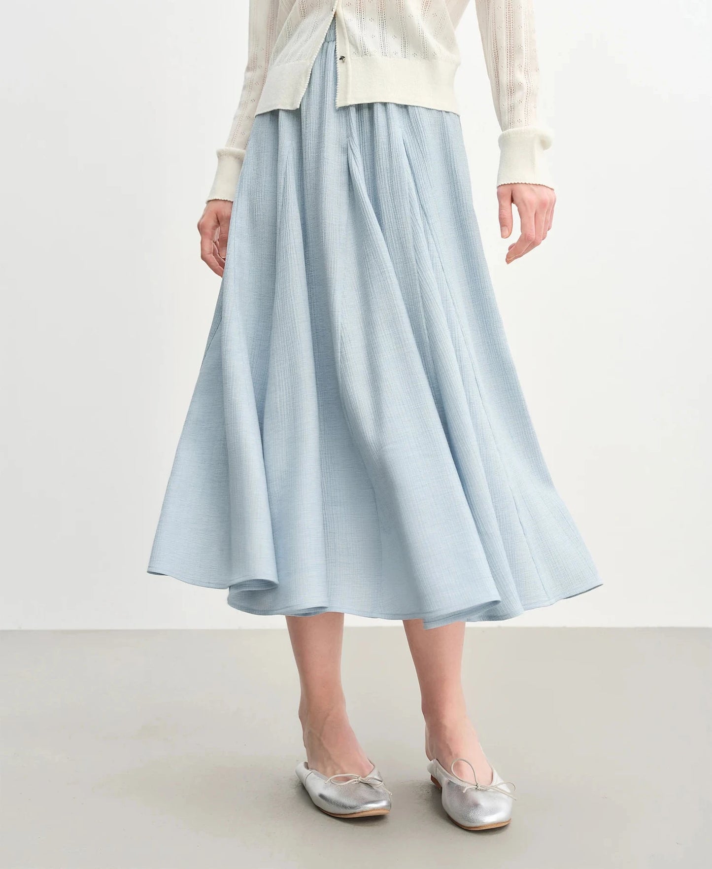 Pleated A-Line Midi Skirt - Textured White Long Skirt