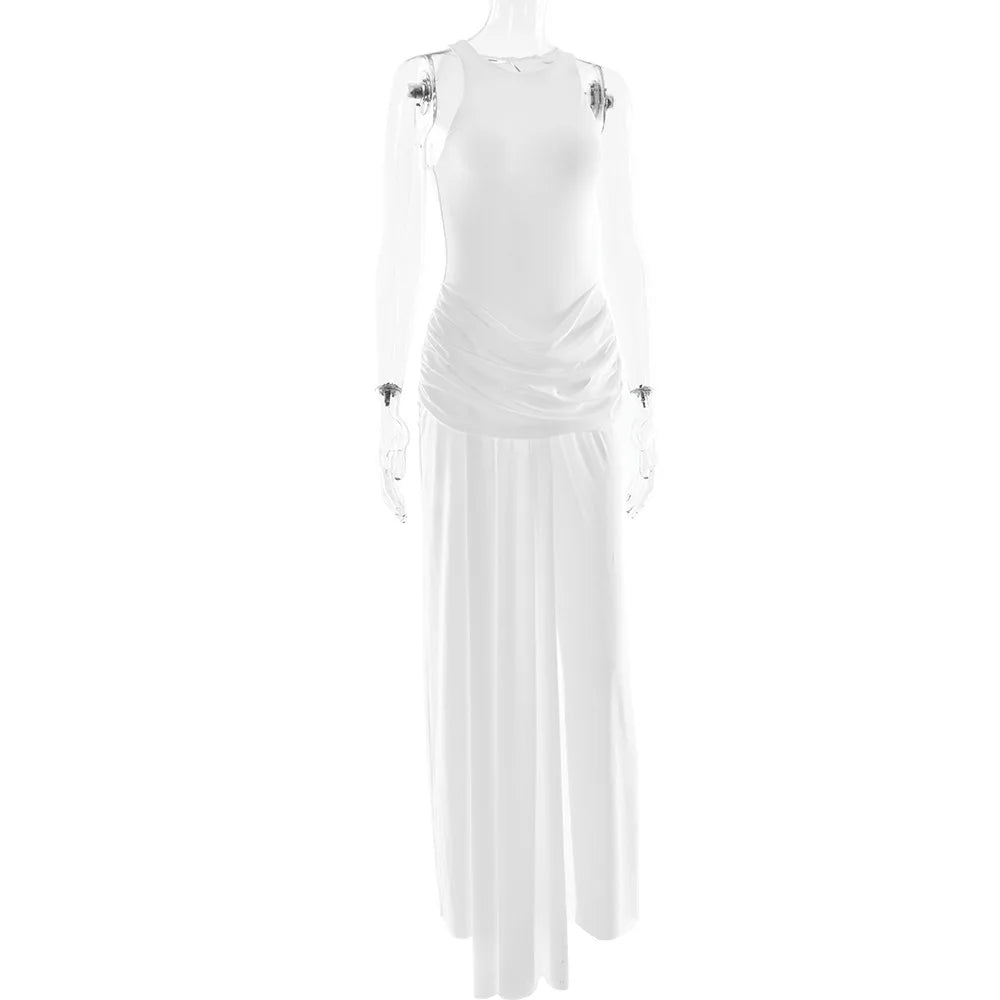 Women's Ruched Split Maxi Dress - Elegant Sleeveless Evening Gown