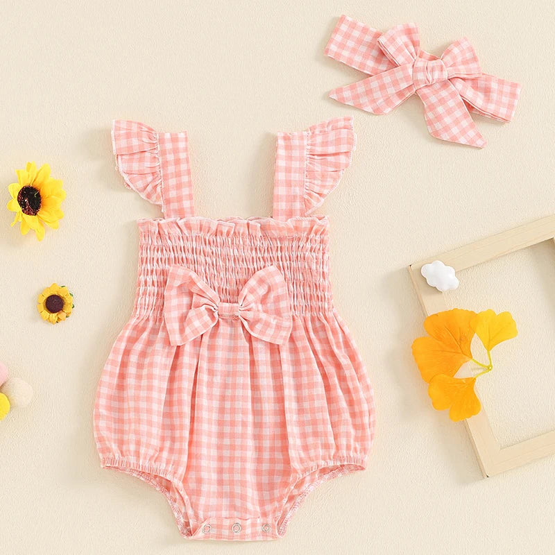 0-18M Baby Girls Summer Romper Outfits Fly Sleeve Plaid Print Ruffles Bowknot Jumpsuits with Headband