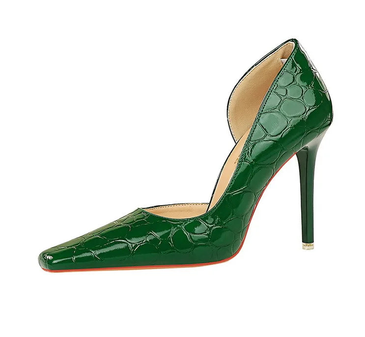 Women's Patent Leather Stone Pattern High Heels Square Head Stilettos Shoes