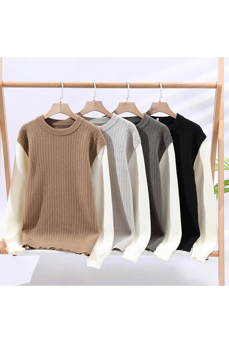 O-Neck Patchwork Long Sleeve Knit Pullover