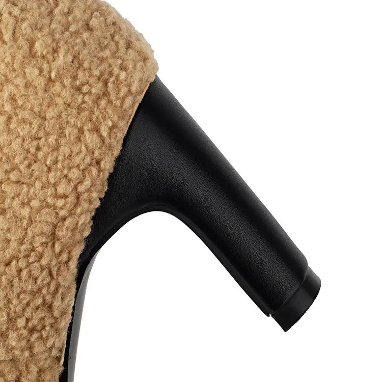 Faux Fur Lined Knee High Boots - 7cm Square Heel Winter Boots