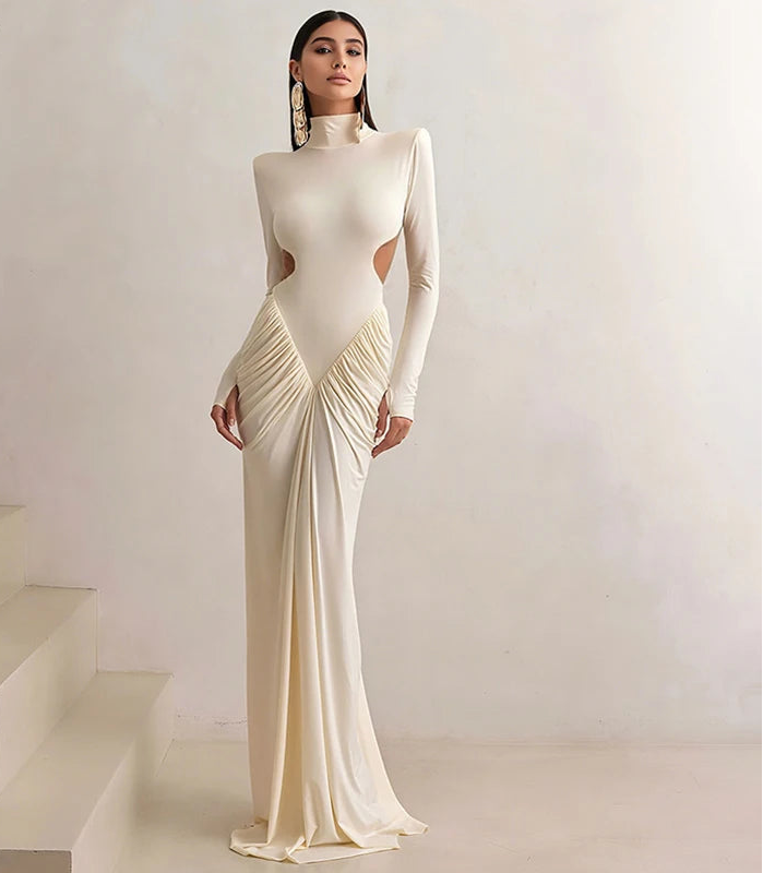 Women's Ruched Long Sleeve Maxi Dress - Elegant Backless Evening Gown