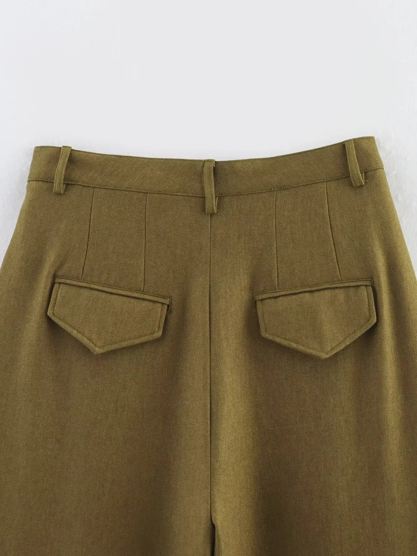 Olive Green Pleated Pants - Mid-Rise Waist Pocket Loose Casual Trousers