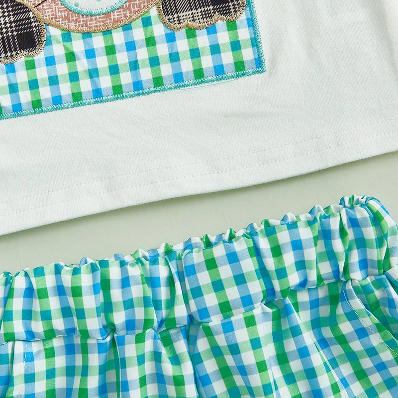 0-4Y Toddler Kids Boys Easter Clothes Set 2pcs Rabbit Embroidery Short Sleeve  Plaid T-Shirt with Elastic Waist Shorts
