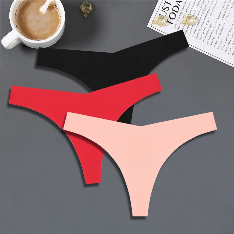 3PCS Women Ice Silk Seamless Underpants Panties, V-Waist Sport Thongs Low Rise 10 Solid Colours Breathable G-string