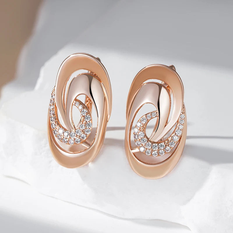 Women's Unusual Geometry Glossy 585 Rose Gold Color Natural Zircon Big Ring Earrings Necklace Set