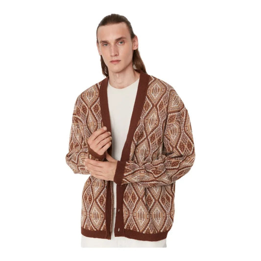 Men's Diamond Pattern V Neck Button Off-Shoulder Knitwear Cardigan